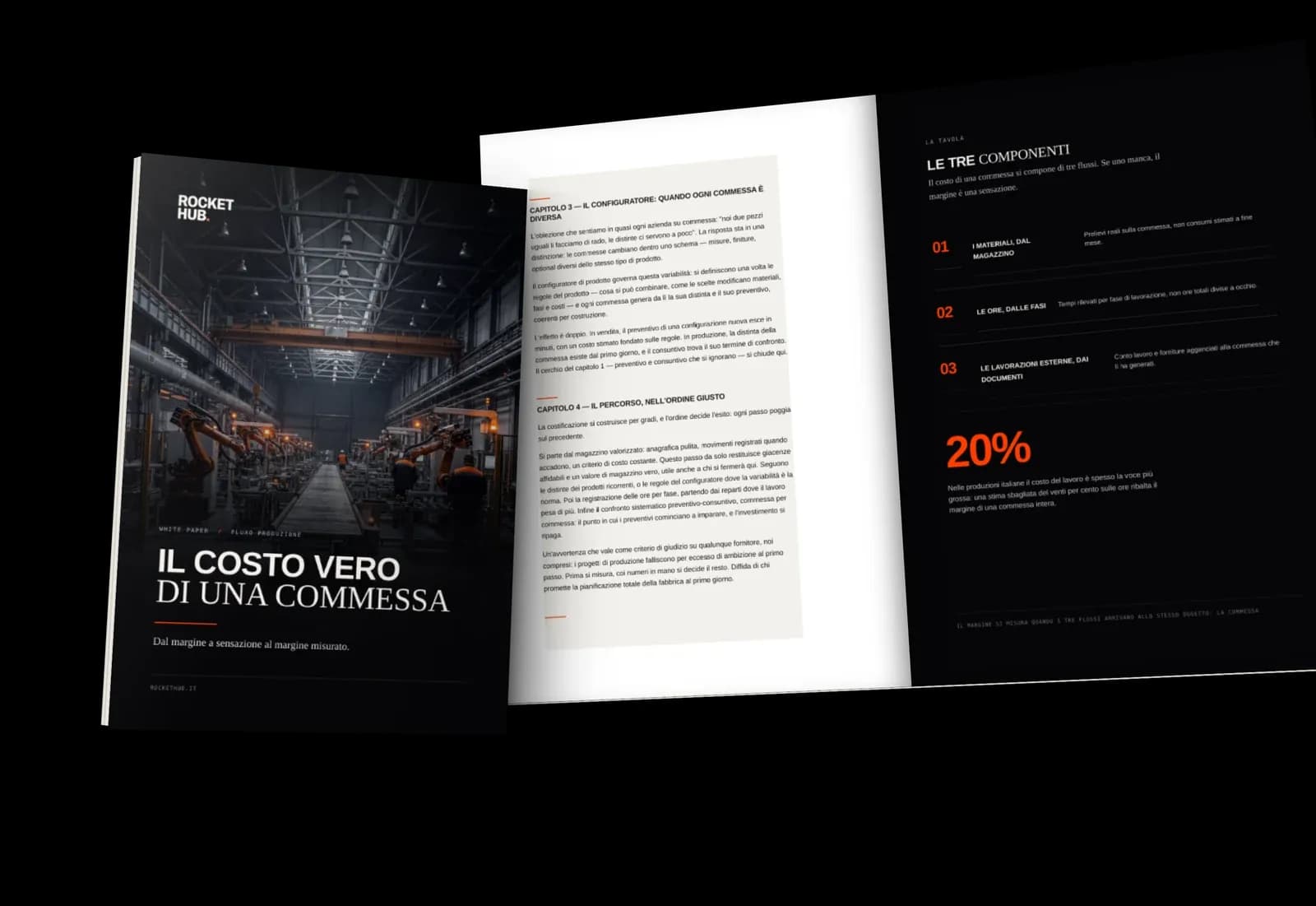 Il white paper «Il costo vero di una commessa»: la copertina e alcune pagine interne, in prospettiva