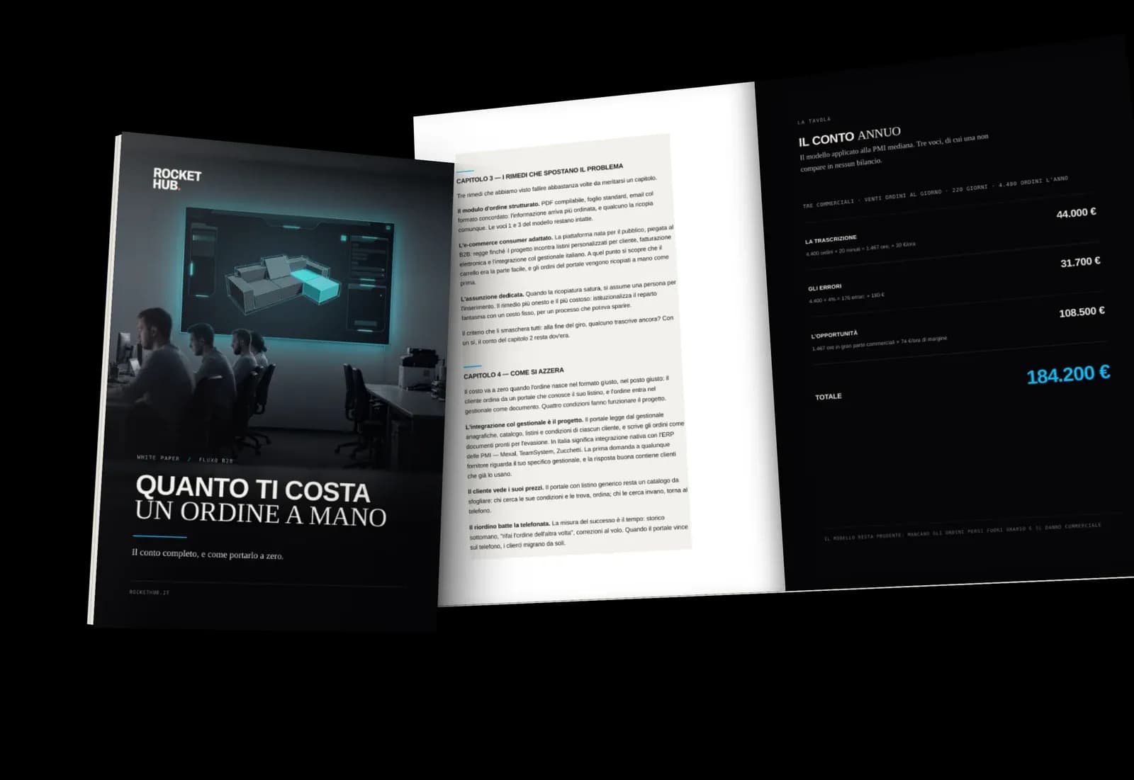 Il white paper «Quanto ti costa un ordine inserito a mano»: la copertina e alcune pagine interne, in prospettiva