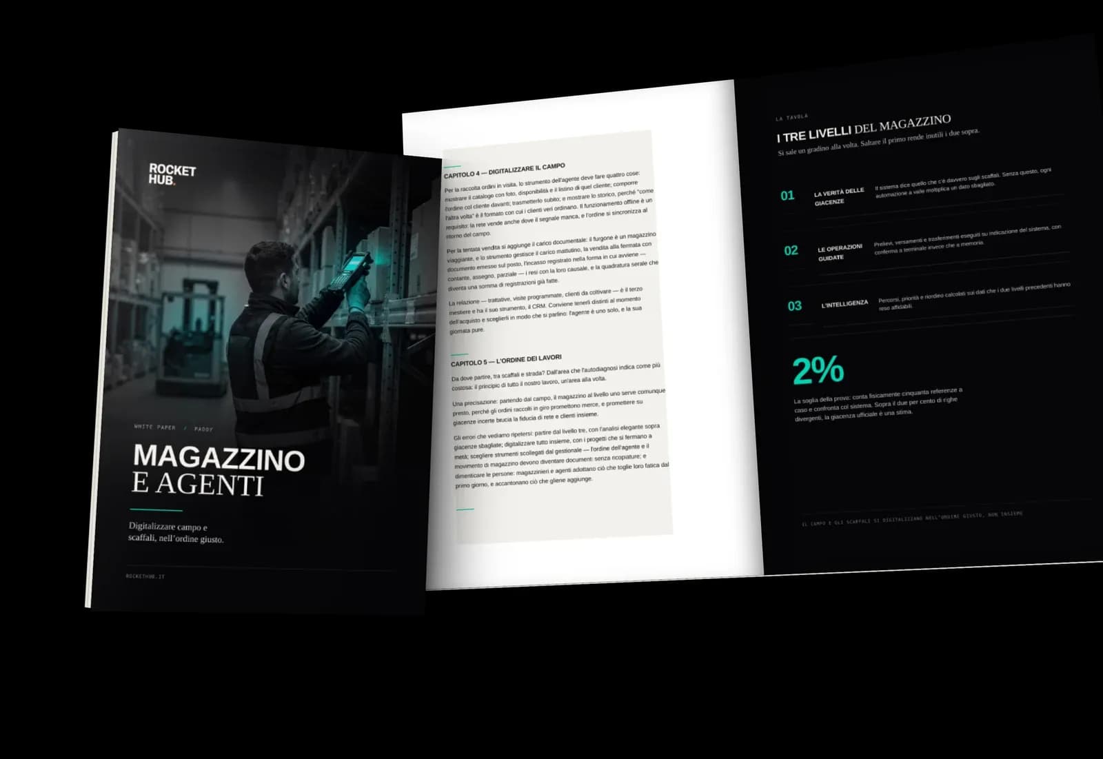 Il white paper «Magazzino e agenti: digitalizzare campo e scaffali»: la copertina e alcune pagine interne, in prospettiva